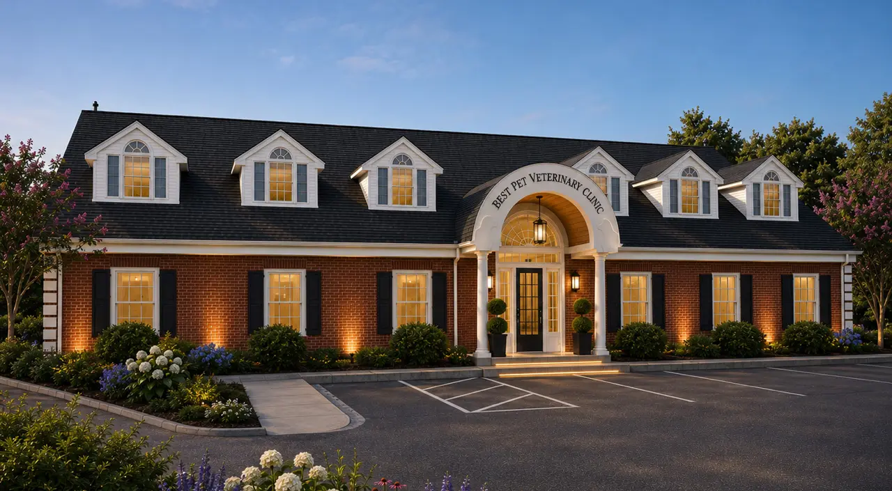 Rendering of the proposed clinic exterior: brick building with white dormers, arched entry, and parking
