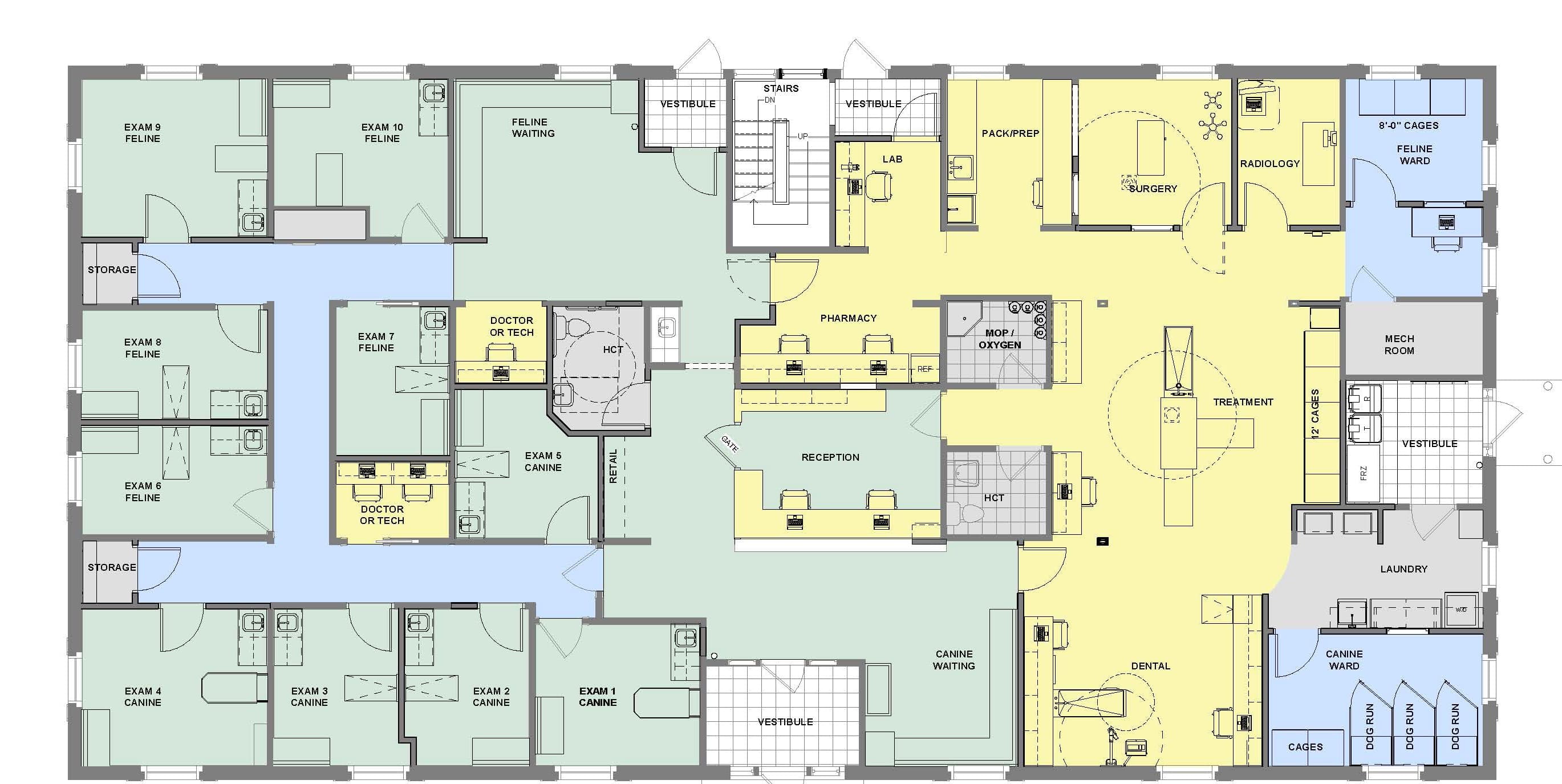 Ground level floor plan: separate canine and feline waiting areas and exam rooms, reception, pharmacy, lab, treatment, surgery, radiology, dental, canine and feline wards, laundry