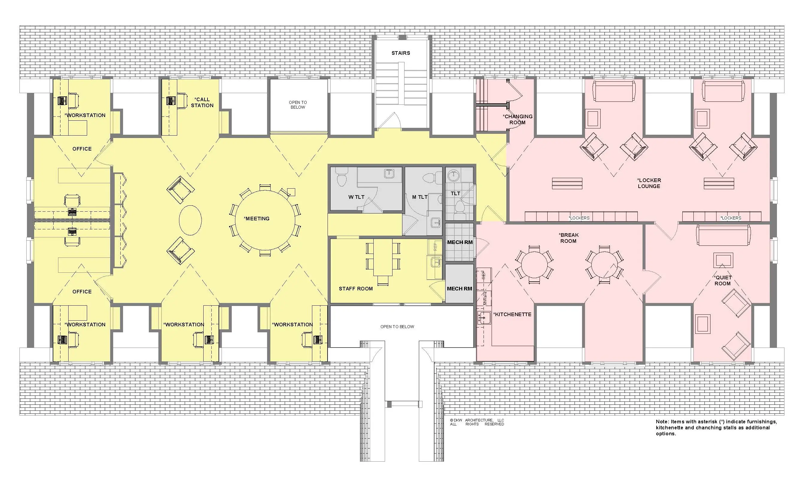 Upper level floor plan: offices, workstations, call station, meeting area, restrooms, staff room, changing room, locker lounge, break room, kitchenette, quiet room