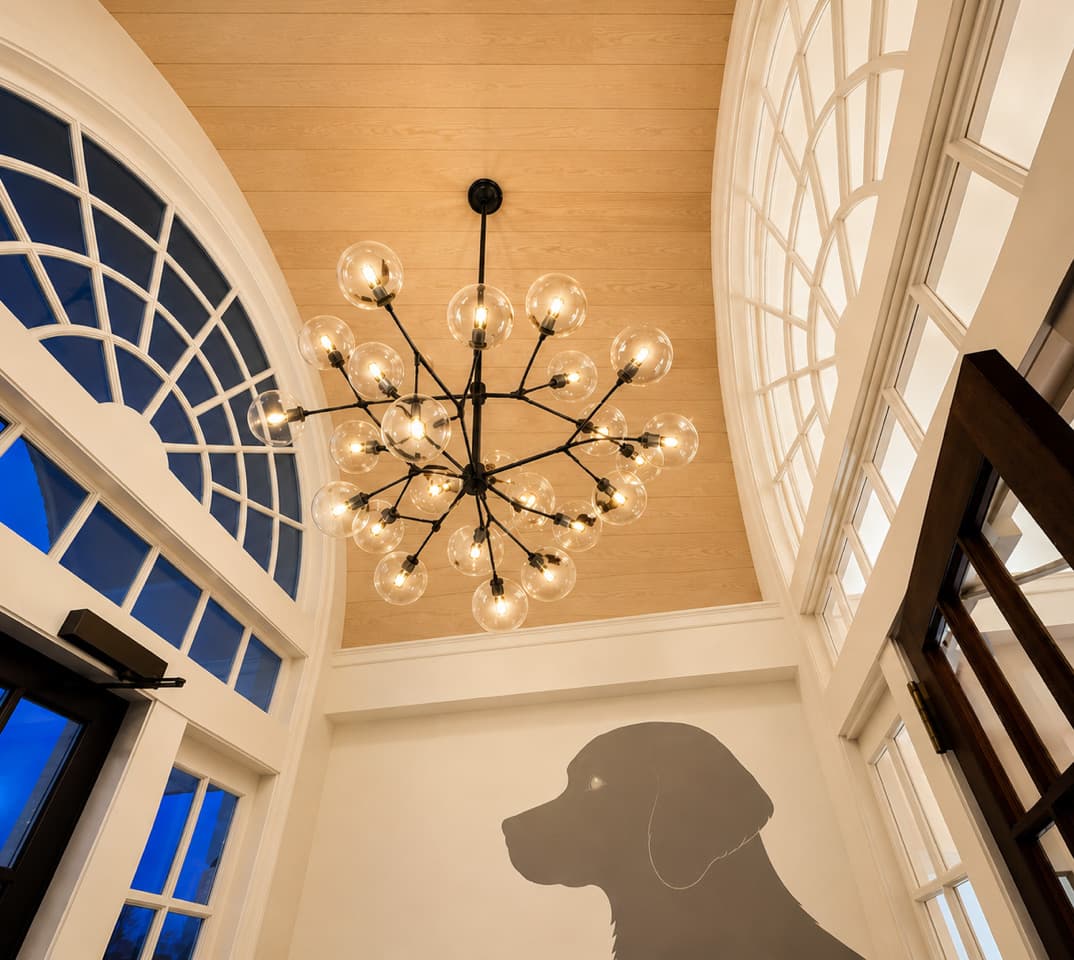 Entry interior with arched windows, wood ceiling, chandelier, and dog silhouette mural