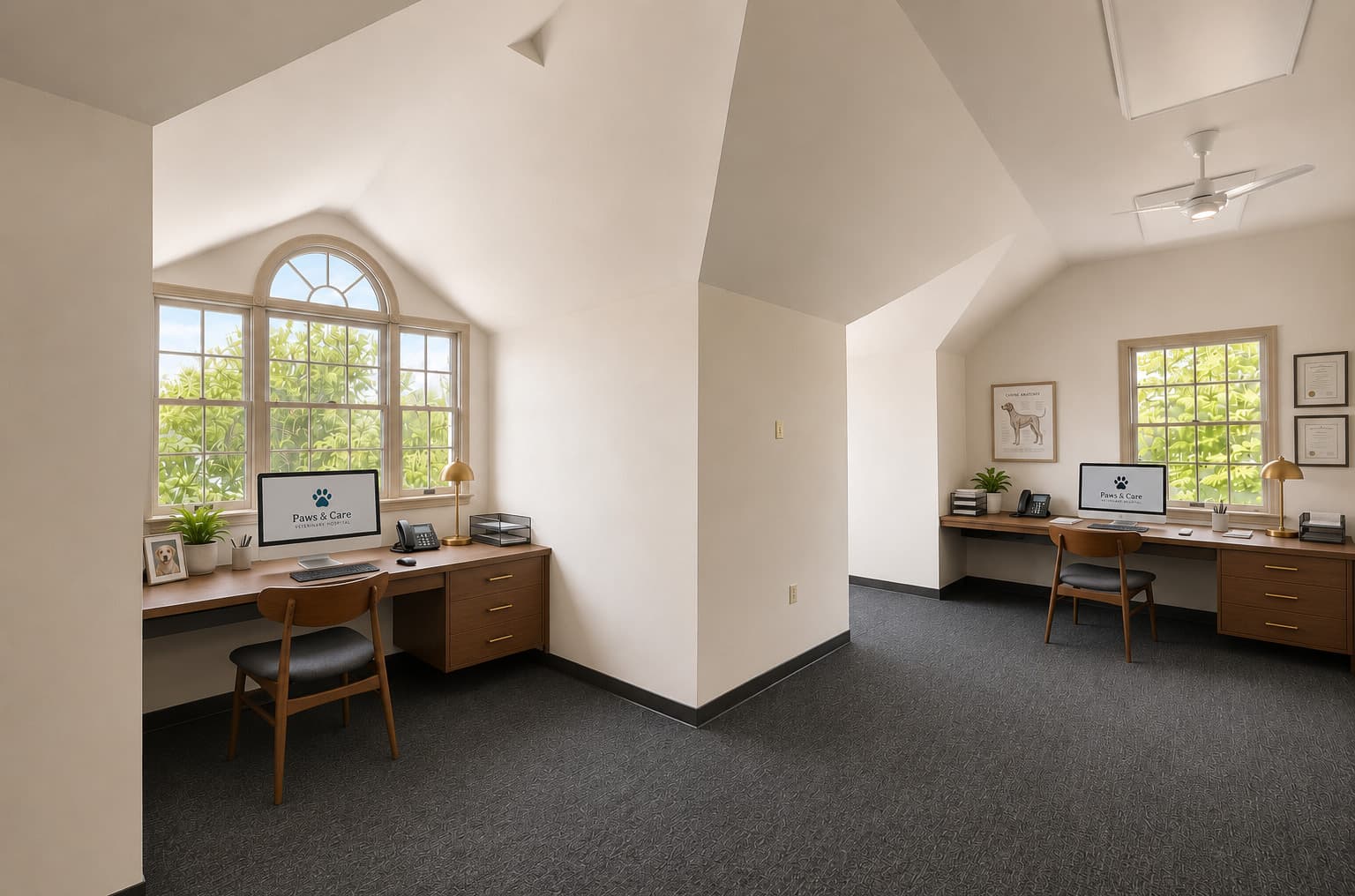 Second-floor offices with built-in desks under dormer windows